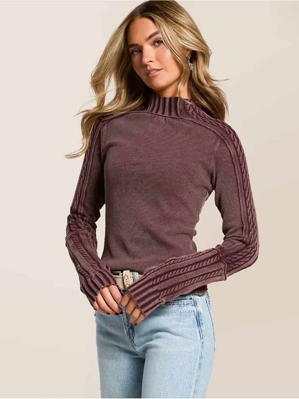 Free People Ribbed Cowl-Neck Sweater in Mauve
